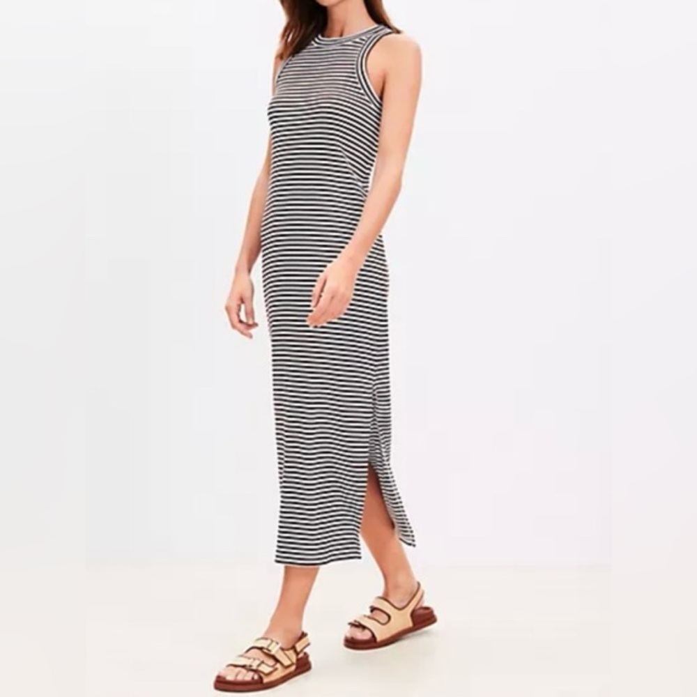LOFT Chocolate Brown and White Striped Midi Dress